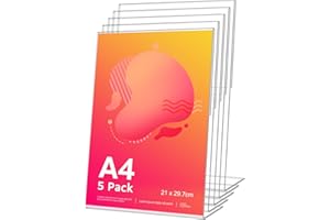 CIOXSOIO Lot de 5 Porte Affiche Document A4, Forme en L Incliné en Acrylique Transparent, Présentoir de Comptoir, Publicité, Cadre Photo, Pancartes, Brochures, Dépliants, Menus, Affichage, Bureau, Magasin