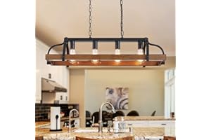 WUZUPS 4-light metal pot colgante araña imitación madera grano lineal colgante techo iluminación rústica granja accesorio cocina isla comedor, h25 x l88 x w30, e27 base, negro