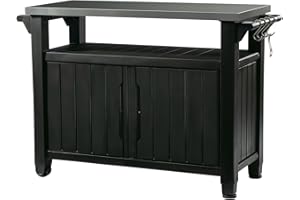 Keter Unity XL Outdoor Portable Table and Storage Cabinet with Hooks for Grill Accessories Stainless Steel Top for Patio, Kitchen, Island or Bar Cart, Dark Grey