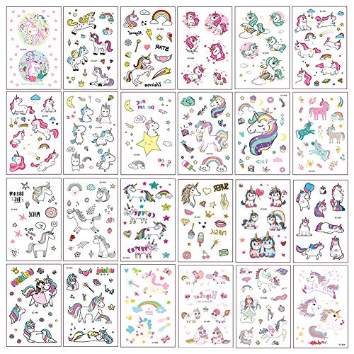 LINUX 400+ Diseños Pegatinas de tatuaje temporal de unicornio, Decoraciones de fiesta de cumpleaños de unicornio Suministros Favores para niños, niños, niñas, niños, adolescentes (25 hojas)