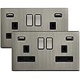 2 x Brush Chrome Double Wall Switch Socket 13A 2 gang with 2 USB Charger Ports UK 3 pin Plug Screwless Finish N776DME