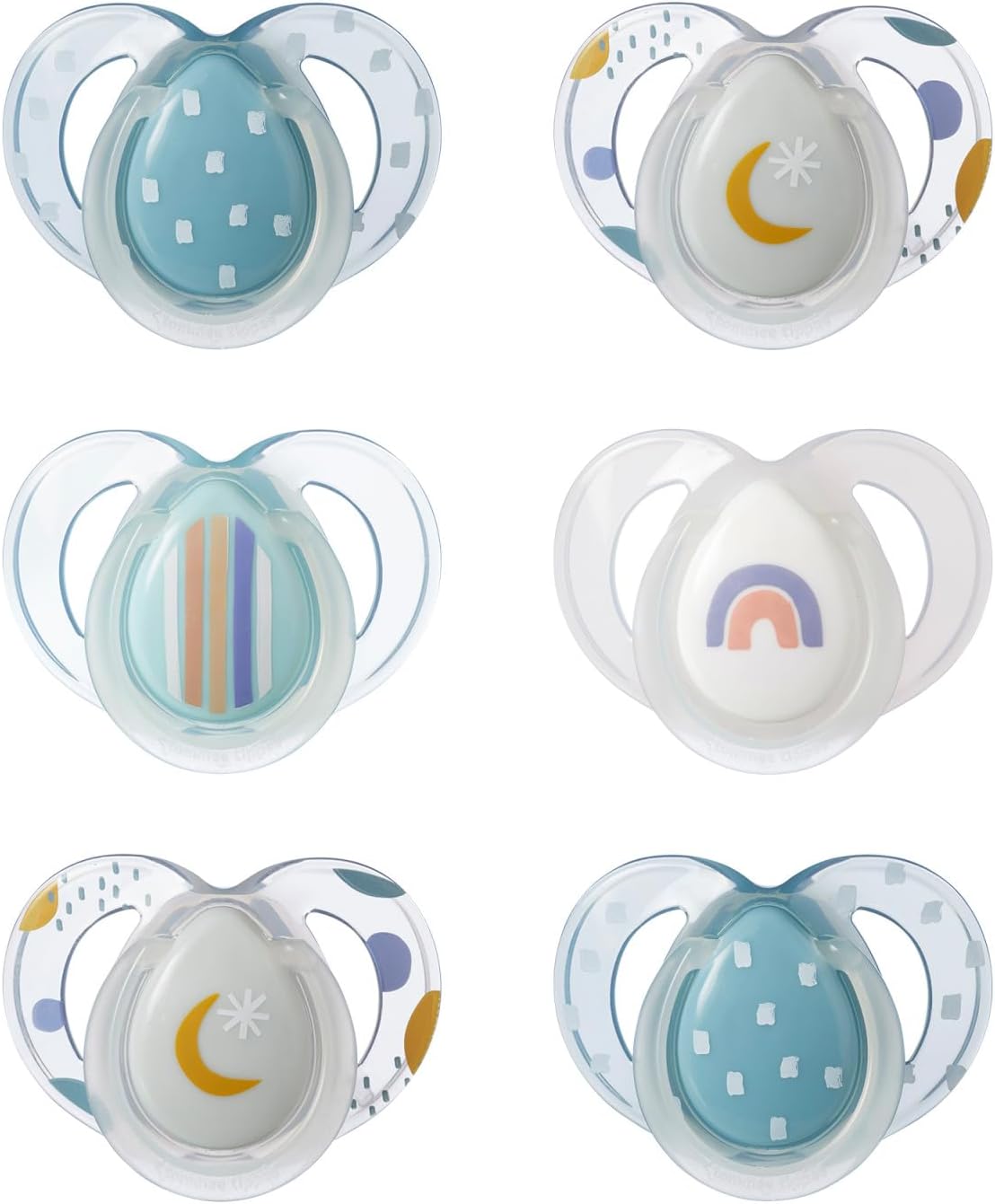 Tommee Tippee Nighttime Soothers, 6-18m, 6 Pack, Glow in The Dark, Varied Colours and Designs, Symmetrical Orthodontic Dummy, BPA-Free Silicone Teat