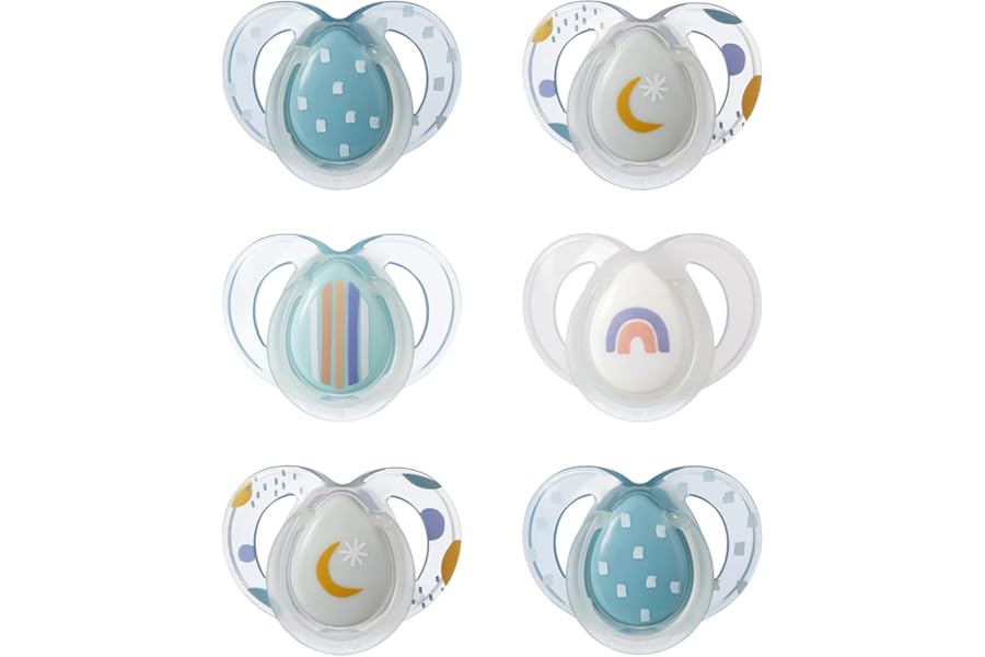 Tommee Tippee Nighttime Soothers, 6-18m, 6 Pack, Glow in The Dark, Varied Colours and Designs, Symmetrical Orthodontic Dummy, BPA-Free Silicone Teat