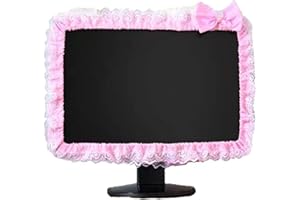 ALHBEJT Computer-Monitor-Abdeckung mit niedlichem, niedlichem, elastischem Stiftfach, Schleife für TV-LCD-Bildschirm, Dekoration, Staubschutz, Spitzenstoff (68 - 66 cm, Rosa)