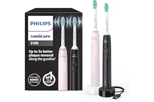 Philips Sonicare 3100 spazzolino elettrico sonico, sensore di pressione e timer, colore rosa e nero, confezione doppia, HX3675/15, Sonicare 3100, Nero/Rosa