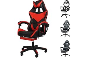 Yesuitme Gaming Chair with Footrest, Gaming Chair for Adults Computer Chair with Lumbar Cushion, Headrest, Height-Adjustable Office Chair with Footrest, Black+Red
