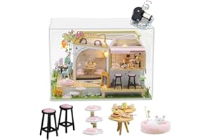 HJBHDOLL DIY Cat Cafe miniaturowy domek dla lalek z oświetleniem LED, skala 1:24, ręcznie wykonany kot, kawa, ogród, domek dla lalek, kreatywny prezent urodzinowy dla nastolatków, dzieci (z pozytywką i pokrywą