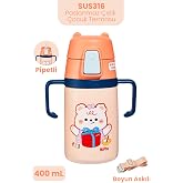 400 ML 316L Paslanmaz &Ccedil;elik Pipetli &Ccedil;ocuk Termosu Taşıma Kulplu Askılı &Ccedil;ift Duvar -FFR400ML4011 Turuncu
