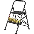 BONTEC 2 Step Ladder, Capacity 150KG with Wide Anti-Slip Pedals, Folding Steel Step Stool, Sponge Handlebar, Lightweight Portable Ladder Suitable for Home, Kitchen, Pantry, Indoor/Outdoor Use, Black