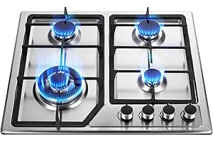HONDONY Gas Hob 4 Burners, NG/LPG Convertible, Built-in Stainless Steel Cooktop with Flame Failure Protection, Cast Iron Pan Support