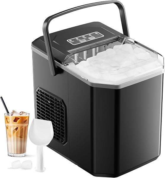 Eiswürfelmaschine, 12 kg in 24 Stunden, 9 Eiswürfel in 6 – 8 Minuten, Eiswürfelmaschine mit umkehrbarem Eislöffel und Tragegriff, für Zuhause/Küche/Camping - 1