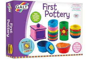 Galt First Pottery - Fun Arts and Crafts Kit for Kids - Childrens Air Dry Clay Painting and Pottery Set for Girls and Boys with Ceramic Paints,Mini Rolling Pin,Paintbrush and Guide - Ages 6 Years Plus