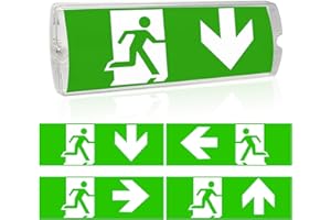 WIYETY Plaque de sortie de secours LED professionnelle avec éclairage de secours sur batterie | Plaque de sortie de secours étanche IP65 | 4 pictogrammes de sécurité interchangeables | Charge
