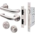 EAI Lift to Lock Return to Door Lever Handle Set with DIN Lock (72mm C/C - Backset 60mm) for Bathroom/Toilet Cubicle Toilet Doors | Satin Stainless | Suitable on 60 Minute Fire Doors