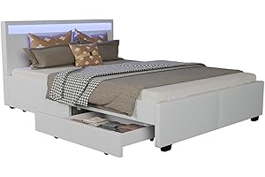 ‎JUSKYS Juskys Polsterbett Lyon 140x200 cm mit Bettkasten, LED Beleuchtung, Lattenrost & Kunstleder, weiß, Bett Bettgestell Einzelbett Jugendbett