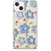 Multitronic iPhone 15 ile Uyumlu Mavi Yağlı Boya &Ccedil;i&ccedil;ek Desenli Şeffaf Telefon Kılıfı