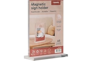 Europel Luxe Présentoir de table magnétique, base T, format A5 Portrait, Acrylique, menu, carte de prix, pour restaurants, hôtels, conférence et réception – Autoportant et présentation double face