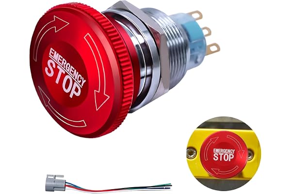 22 mm nödstoppsbrytare, startstoppmotorknapp, metall nödstoppsknapp i rostfritt stål, 12–250 V, 3 A, 1NO 1NC med anslutningsuttag