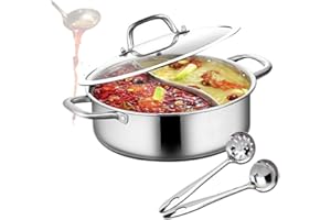 FUTCHOY Mandarine en acier inoxydable de 32 cm - Shabu Shabu Hot Pot avec cloison et couvercle pour plaques à induction, cuisinière à gaz, batterie de cuisine à double face avec 2 creuses à soupe
