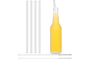 HÅLM Słomki szklane – 4 sztuki prostych 27 cm długości + bezplastikowa szczotka do czyszczenia – nadają się do mycia w zmywarce – zrównoważone – szklane słomki do butelek, butelki na wodę