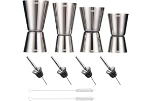 YQBFTC 4 Pezzi Graduati da Dosatore Cocktail,Misurino Cocktail in Acciaio Inox,3 cl/4 cl/5 cl/6 cl,Piccolo Jigger,Doppio Gin Tonic cl con 4 Beccucci e 2 Pennelli per Feste,Vino,Barasso,Bevande,Shaker