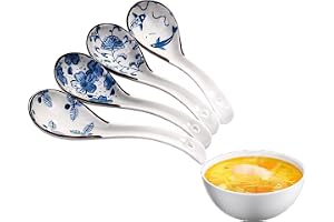 Latrt 4 stycken asiatiska soppskedar, unika mönster ramar sked keramik sked, långt handtag sked set för dumplings, risnudlar