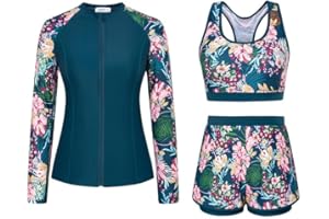 JASAMBAC 3-Piece Rash Guard Swimsuits for Women UPF 50+ Bikini Top & High Waist Boyshorts Zipper Modest Swimwear Ladies Swimming Costumes Bathing Suit Soft Surf Suit