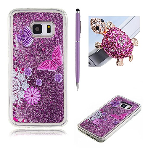 für Samsung Galaxy S7 Hülle,SKYXD Glitzer Flüssig Wasser Kreativ Design Weiche Silikon Gel Gummi [Nicht Hard Case] Brillianter Leichtes Glatt Schutzhülle mit [Handyanhänger + Eingabestifte] Handy Tasche Hülle Etui für Samsung Galaxy S7 Soft Shine Bling Glitter Liquid Water Folie Case Back Cover With Touch Pen Dust Plug - Violett Treibsand Sparkle mit Rosa Schmetterling Muster