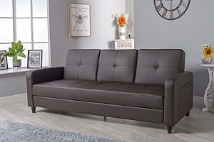 SLEEP FACTORY LTD Sleep Factory - Eden ClicClac 3 Seater Sofa Bed, with Storage - W203cm D79cm H82cm - Faux Leather Recliner Fold Out Couch with Folding Table - Removable Arms, Side Storage Pockets - Brown
