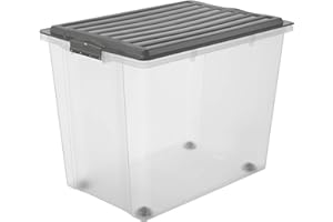 Rotho Compact Boîte de Rangement 70 l avec Couvercle et Roulet tes, Plastique (PP) sans BPA, Gris/Transparent, A3/70 l (57,0 X 39,5 X 43,5 cm)