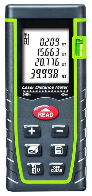 ARAS Laser Distance Meter 40m, Portable Handle Digital Measure Tool Range Finder with Bubble Level and Large Backlit LCD 4 Line Display(40m/131ft)