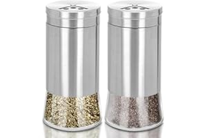 WallEgo - Lot de 2 salières et poivrières élégantes en verre rechargeables avec trou verseur réglable en acier inoxydable (argenté)