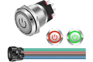 GUUZI 12V-24V/10A Zatrzaskowy Przełącznik Przyciskowy NO/NC, Wodoodporny Zielony/Czerwony LED Oświetlony 22mm Metalowy Przycisk Startowy z Gniazdem Przewód Wtykowy