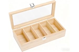 CMOISO Tea Box Bamboo, 5-Compartment Multifunctional Wooden Tea Storage Box with Transparent Lid (30x10x9cm)