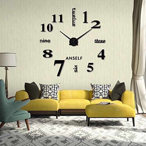 Anself DIY Moderne Wanduhr Wandtattoo Dekoration Uhr für Zimmerdeko aus Acryl Schwarz - 3