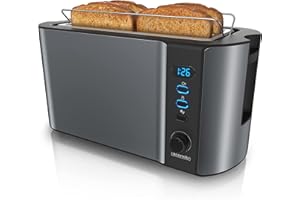 arendo - Grille Pain 2 Larges Fentes 4 tranches écran Digital - Grille-Pain Automatique 3en1-1500W - 6 Niveaux réglable décongélation réchauffe viennoiseries Plateau à miettes -Toaster Cool Grey