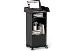 Nisorpa Lectern Podium Stand Portable Podium Stand, Mobile Wood Church Pulpits Podium Reception Stand with Adjustable Shelf and Lockable Wheels for Churches Conference School, Black