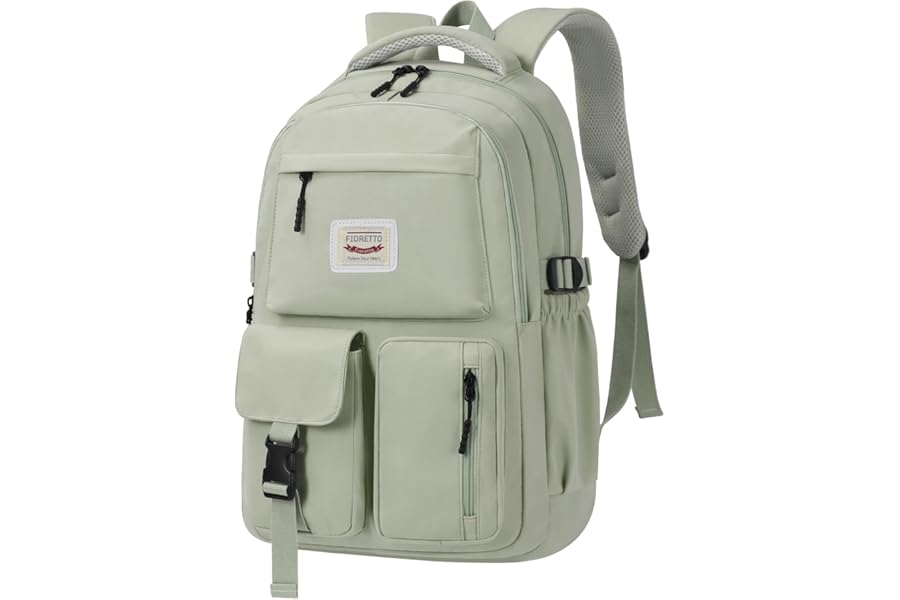 FIORETTO Lightweight School Backpack Womens, Cute School Bag for Teenager Girls, 15.6 Laptop Rucksack Backpack for School Casual Daypacks Travel Backpack for College Work Green 25L