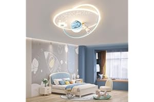 RuiRfh Kinderzimmer Deckenbeleuchtung LED Glas Lampenschirm Deckenlampe 48W mit Fernbedienung Modernes Design Mond Astronaut Deckenleuchte Dekoration Junge Mädchen Zimmer Schlafzimmer Ring Kronleuchte