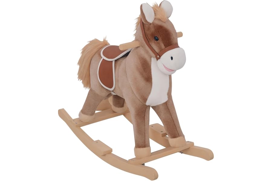 HOMCOM Kids Children Plush Rocking Horse Wooden Base Ride On Toy Rocker with Handle Grip Traditional Toy Fun Gift for Age 3+ (Brown & White)