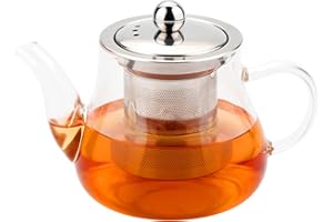 Honneeo Teiera in vetro borosilicato 450ml, senza gocciolamento, con infusore, bollitore da cucina con filtro in acciaio inox 304, piccola teiera per foglie sfuse, erbe, frutta, bubble tea (450ml)