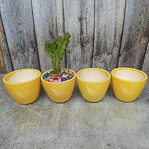 SHREE ENTERPRISES Ceramic Pots - Yellow, 7 Cm X 7 Cm X 7 Cm, Pack Of 4