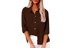 HAOLEI Camicia Donna Lino Cotone, Elegante Curvy Camicia in Lino Camicia con Maniche Lunga e Colletto a Revers in Tinta Unita Leggera e Comoda per L'Estate Camicetta da Donna alla Moda Camicia da Spiaggia