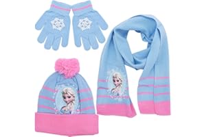 IQEPXTGO Frozen Gorro de Punto Elsa Invierno Térmico con Guantes y Bufanda Gorra Bufanda Guante Set Sombrero de Punto Invierno Cálido con Pompon para Niños Niñas 3-8 Años（A）