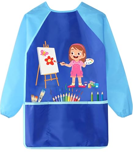 Grembiule Da Pittura Impermeabile A Maniche Lunghe Per Bambini, Età 7-12 Anni (120-140 Cm), Con Tasca, Colorato E Riutilizzabile.