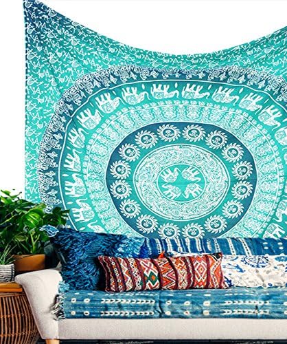 Kesrie blue green elephant circular pattern geometric wall hanging mandala indian print