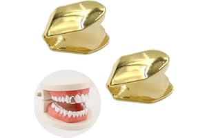 CHENGJIN 2Pcs Solid Hip Hop Teeth Plain,Golden Single Tooth Fangs,Shiny Hip Hop Teeth Grill Caps,Gold Tooth Cap,Temporary Tooth Decoration,Hip Hop Teeth Grill Bling Slugs Decoration,Gold Teeth Caps for Man