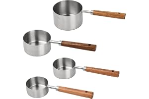 Set med 4 st mätskedar och mätkoppar, rostfritt stål bakmätningssked med graverad skala, trähandtag med graverad skala för matlagning, kök, våt, torrt och flytande (rostfritt stål)
