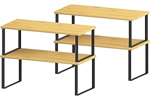 CADUKE Set di 4 portaspezie, organizer da cucina espandibile e impilabile, organizer per spezie naturale, per bancone, armadio, bambù e metallo