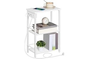MAHANCRIS Mesa Auxiliar Estrecha con Regleta, Mesita de Noche de 3 Niveles, con Puerto USB, Puerto USB-C y Enchufes, para Sala de Estar, Recibidor, Dormitorio, Oficina, Blanco AETWT29UE01